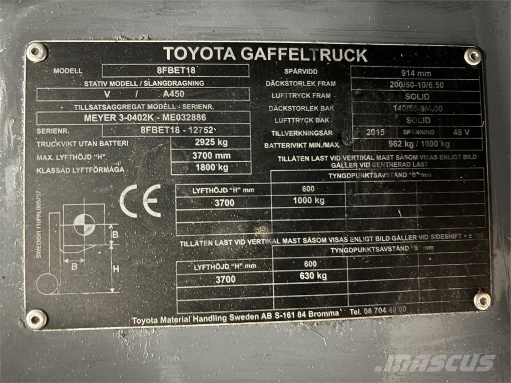 Toyota 8FBET18 Electric forklift trucks