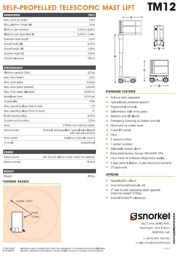 Snorkel TM 12 Used Personnel lifts and access elevators