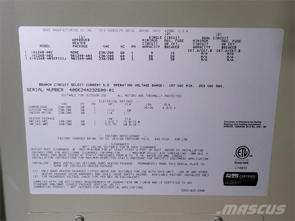  BARD W12AB-A05EPXXXJ Heating and thawing equipment